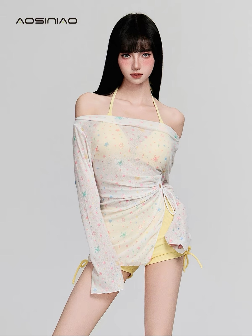 New Yellow Star Print Swim Cover-Up Top
